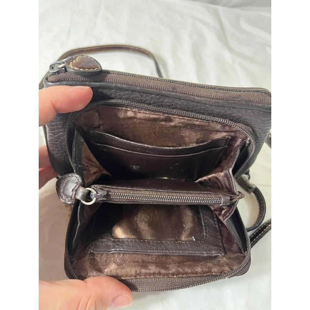 Brighton Crossbody Organizer Brown Pebbled Leather Decorative Chain Hardware